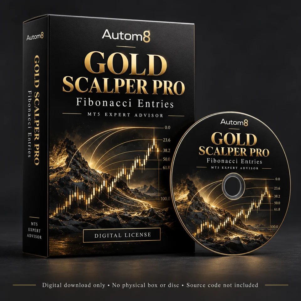 Autom8 Gold Scalper Pro FIBO software box and disc illustration; digital EX5 license only