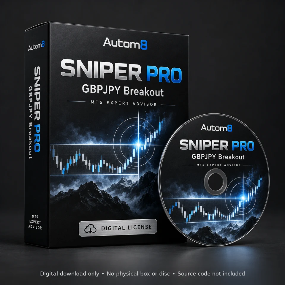 Autom8 Sniper Pro GBPJPY software box and disc illustration; digital EX5 license only